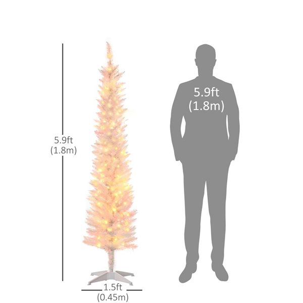 Arbre de Noël artificiel blanc mince HomCom 6 pi avec lumières DEL colorées