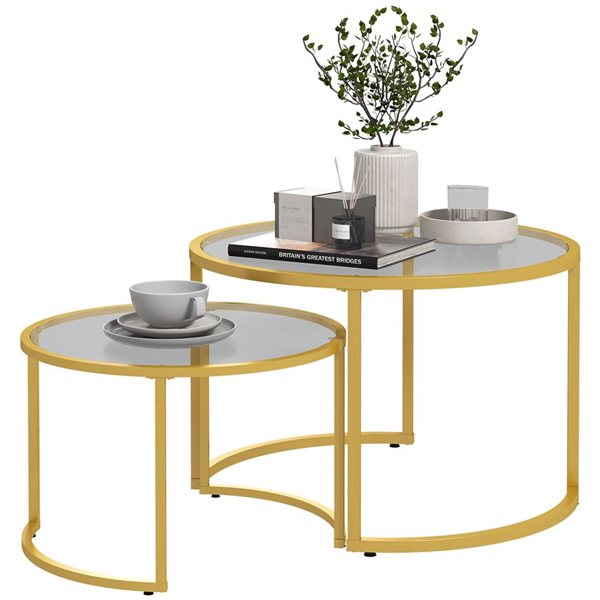 HomCom Set of 2 Gold/Glass Nesting Coffee Tables