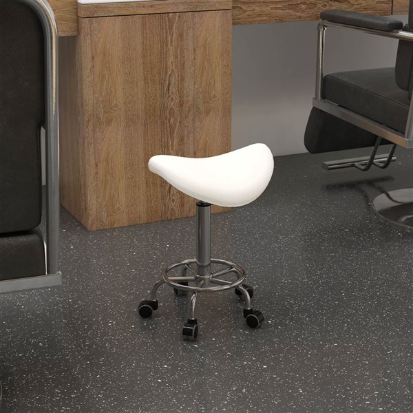 HomCom Adjustable Height White PU Leather Saddle Stool with Wheels