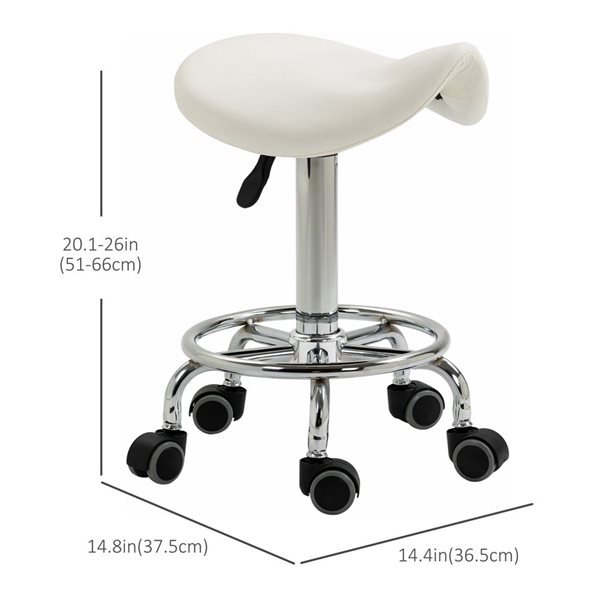 HomCom Adjustable Height White PU Leather Saddle Stool with Wheels