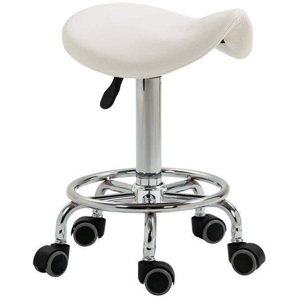 HomCom Adjustable Height White PU Leather Saddle Stool with Wheels