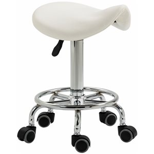 HomCom Adjustable Height White PU Leather Saddle Stool with Wheels