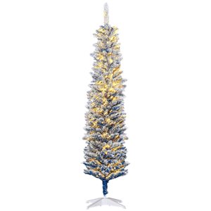 HomCom 6-ft Slim Snow Flocked Blue Artificial Christmas Tree with Light