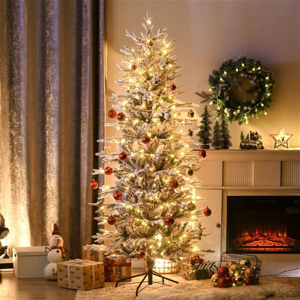 HomCom 6-ft Flocked Artificial Christmas Tree with Warm Yellow Clear Lights