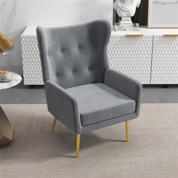 HomCom Grey Fabric Accent Chair/Wingback Armchair with Gold Metal Legs