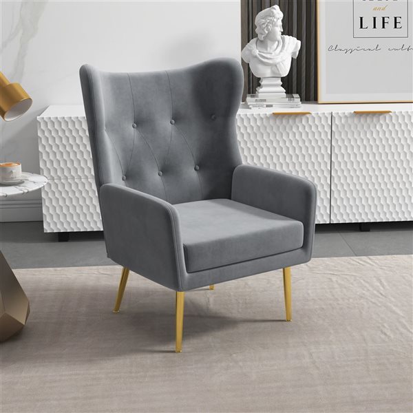 HomCom Grey Fabric Accent Chair/Wingback Armchair with Gold Metal Legs