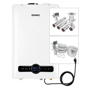 Chauffe-eau résidentiel au gaz naturel sans réservoir Onsen 26L (incl. kit de ventilation complet 3 po), 6.9 GPM 180K BTU