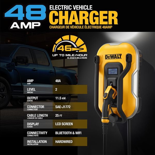 Borne de recharge de véhicules électriques DEWALT niveau 2 40 A 240 V 25 pi de câble, commande par application Wi-Fi