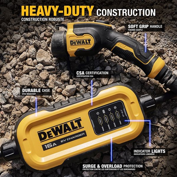 Borne de recharge portable DEWALT de véhicules électriques niveau 2 câble 25 pi 16 A 120-240 V adaptateur 5-15 NEMA 6-20