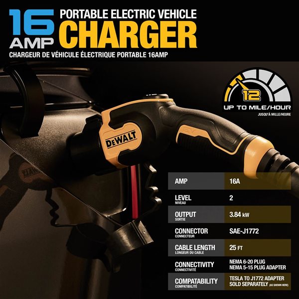 Borne de recharge portable DEWALT de véhicules électriques niveau 2 câble 25 pi 16 A 120-240 V adaptateur 5-15 NEMA 6-20