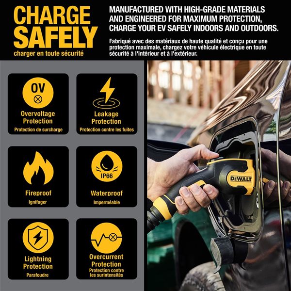 Borne de recharge portable DEWALT de véhicules électriques niveau 2 câble 25 pi 16 A 120-240 V adaptateur 5-15 NEMA 6-20