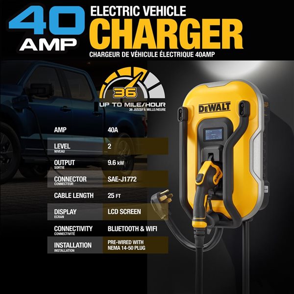 DEWALT 40 Amps 240 V 25-ft Cable Electric Vehicle Level 2 Outdoor Charger - Wi-Fi App Control and NEMA 14-50 Plug