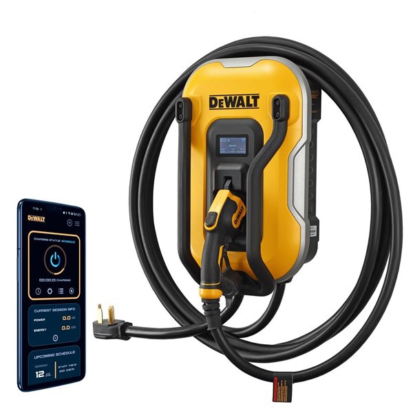 Borne de recharge de véhicules électriques DEWALT niveau 2 40 A 240 V 25 pi de câble, commande Wi-Fi et prise NEMA 14-50