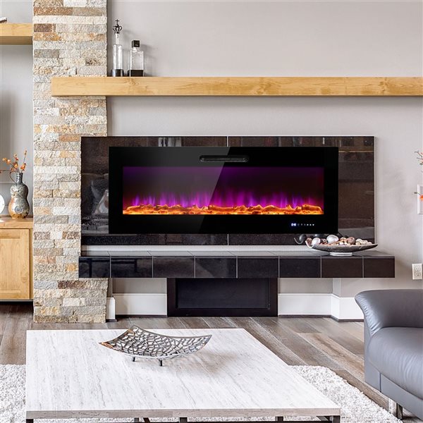 Costway 50-in Rectangle Electric Fireplace Recessed Wall Mounted Heater with Decorative Crystals and Logs