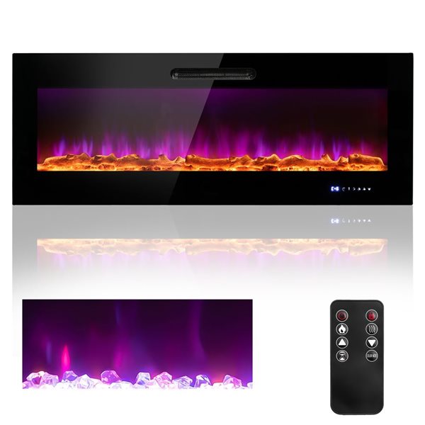 Costway 50-in Rectangle Electric Fireplace Recessed Wall Mounted Heater with Decorative Crystals and Logs