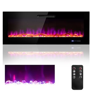 Costway 60-in Rectangle Electric Fireplace Recessed Wall Mounted Heater with Decorative Crystals and Logs