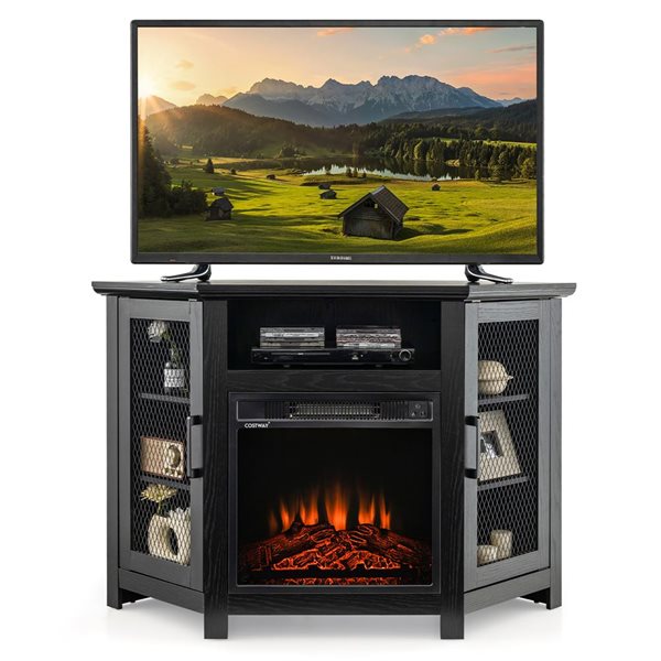 Costway Black Corner TV Stand with 18-in Electric Fireplace for 50-in TVs max.