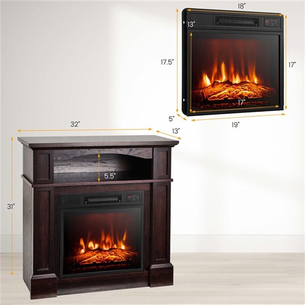 Costway 1400W 32-in Electric Fireplace Mantel and TV Stand with Shelf - Dark Wood