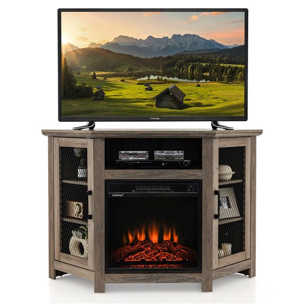 Costway Grey Corner TV Stand with 18-in Electric Fireplace for 50-in TVs max.