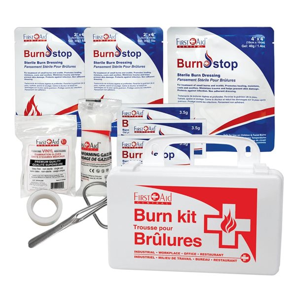 Trousse primaire de premiers soins pour les brûlures First Aid Central, mallette en plastique