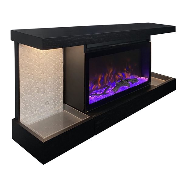 ActiveFlame Home Décor Series Fireplace Floating Mantel Shelf with Lighting and Hexagon Tile