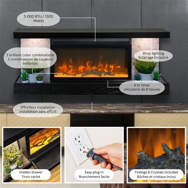 ActiveFlame Home Décor Series Fireplace Floating Mantel Shelf with Lighting and Hexagon Tile