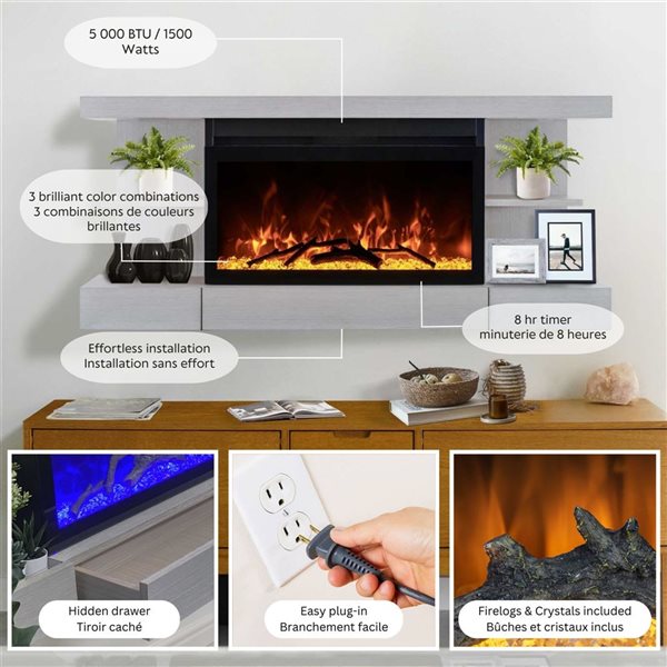 ActiveFlame Home Décor Series Fireplace Floating Mantel Shelf - Classic Grey Wood