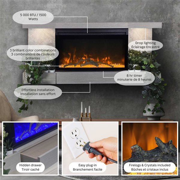 ActiveFlame Home Décor Series Fireplace Floating Mantel Shelf with Lighting - Urban Cement