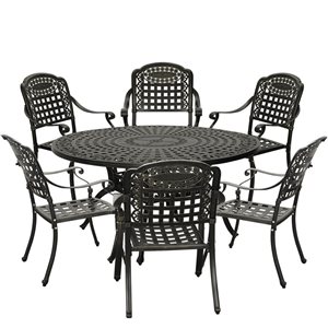 Clihome 7-Piece Aluminum Round Cherckerboard Table Patio Dining Set - Cherckerboard Pattern Chairs