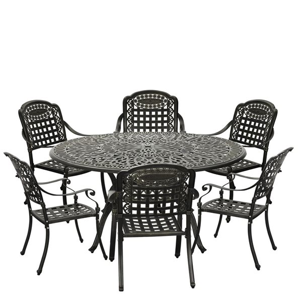 Clihome 7-Piece Aluminum Round Interlace Table Patio Dining Set - Cherckerboard Pattern Chairs