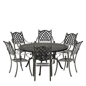 Clihome 7-Piece Aluminum Round Checkerboard Table Patio Dining Set - Diamond Pattern Chairs