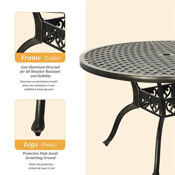 Clihome 5-Piece Aluminum Round Diamond Pattern Table Patio Dining Set - Cherckerboard Pattern Chairs