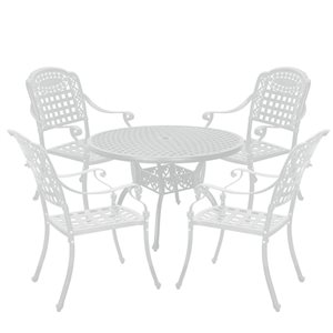 Clihome 5-Piece White Aluminum Round Diamond Pattern Table Patio Dining Set - Cherckerboard Pattern Chairs