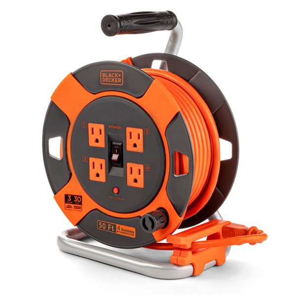 BLACK+DECKER 50-ft Retractable Extension Cord Reel with 4 Outlets, Easy Handle Rewind & Heavy-Duty 14AWG SJTW Cable