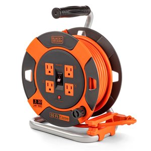 Enrouleur de rallonge rétractable BLACK+DECKER 50 pieds avec 4 prises, interrupteur ON/OFF, cable SJTW 14AWG