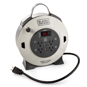 BLACK+DECKER 25-ft Retractable Extension Cord Reel with 4 Outlets, 2 USB Ports, On/Off Switch & Heavy-Duty 16AWG SJT Cable