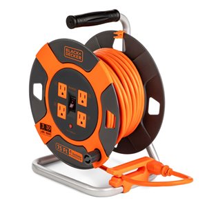 Enrouleur de cordon d'extension rétractable BLACK+DECKER 75 pieds avec 4 prises, interrupteur ON/OFF, cable SJTW 14AWG