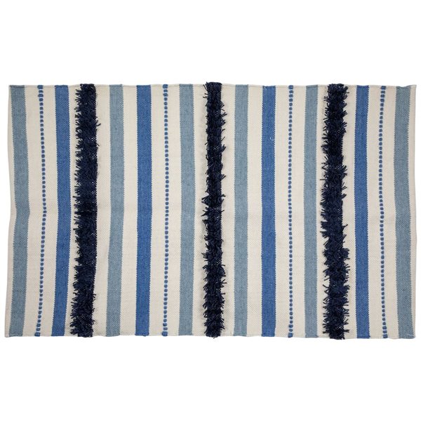 Northlight 3.5-ft x 2.25-ft Blue Cream and Black Striped Handloom Woven Outdoor Rectangular Throw Rug