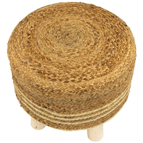 Northlight Beige Braided Jute and Wood Handmade Three Legged Foot Stool 15-in