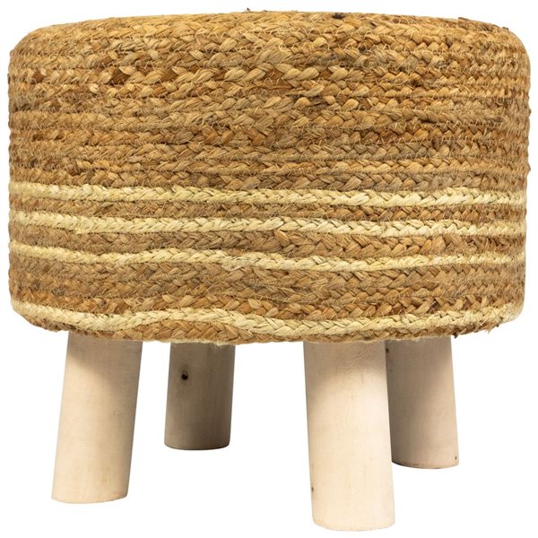 Northlight Beige Braided Jute and Wood Handmade Three Legged Foot Stool 15-in