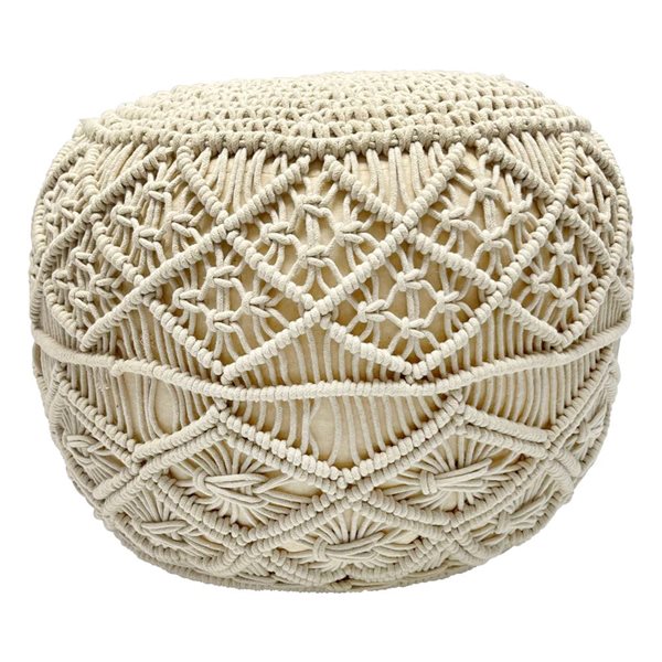 Northlight Solid Cream Macrame Round Handmade Natural Cotton Pouf 18-in