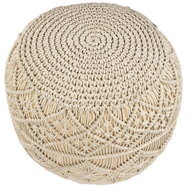 Northlight Solid Cream Macrame Round Handmade Natural Cotton Pouf 18-in