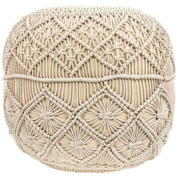 Northlight Solid Cream Macrame Round Handmade Natural Cotton Pouf 18-in
