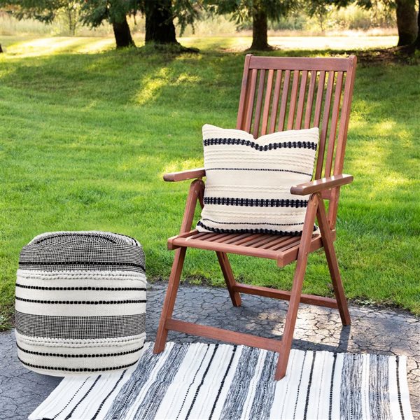 Northlight White and Black Striped Outdoor Woven Pouf Ottoman 18-in