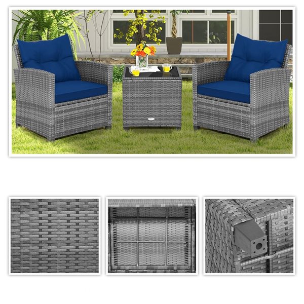 Costway 3-piece Rattan Patio Furniture Bistro Set Cushioned Sofas Side ...