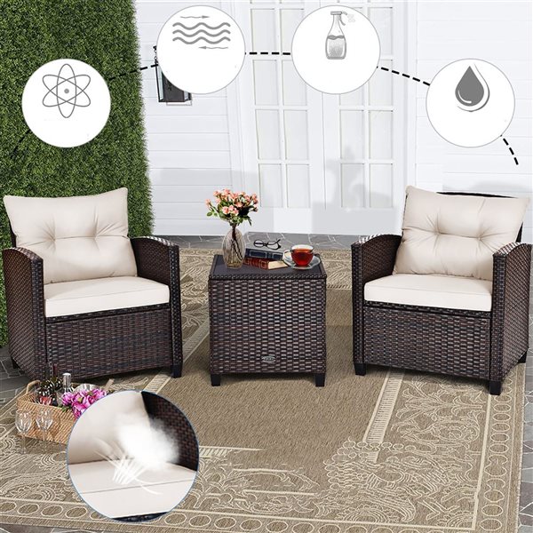 Costway 3-piece Rattan Patio Furniture Set Cushioned Sofa Coffee Table Garden off White