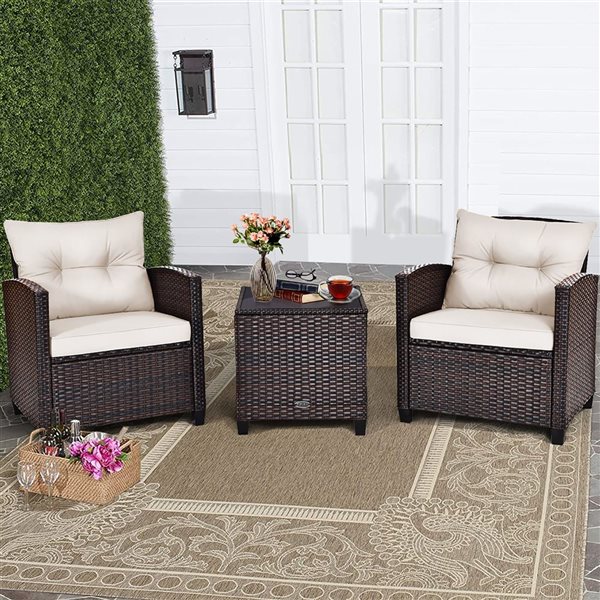 Costway 3-piece Rattan Patio Furniture Set Cushioned Sofa Coffee Table Garden off White