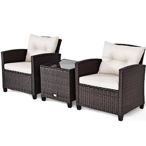 Costway 3-piece Rattan Patio Furniture Set Cushioned Sofa Coffee Table Garden off White