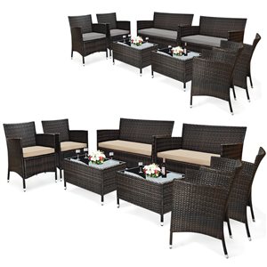 Costway 8-piece Patio Wicker Furniture Set Sofa Chair with Brown & Grey Cushion Covers Garden