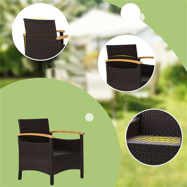 Costway 3-piece Rattan Patio Furniture Set Wooden Armrest Table Top Cushioned Deck